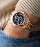 on the wrist Vacheron Constantin Overseas Perpetual Calendar Ultra-Thin Skeleton 4300V/120R-B642 Rose Gold preowned watch at A Collected Man London