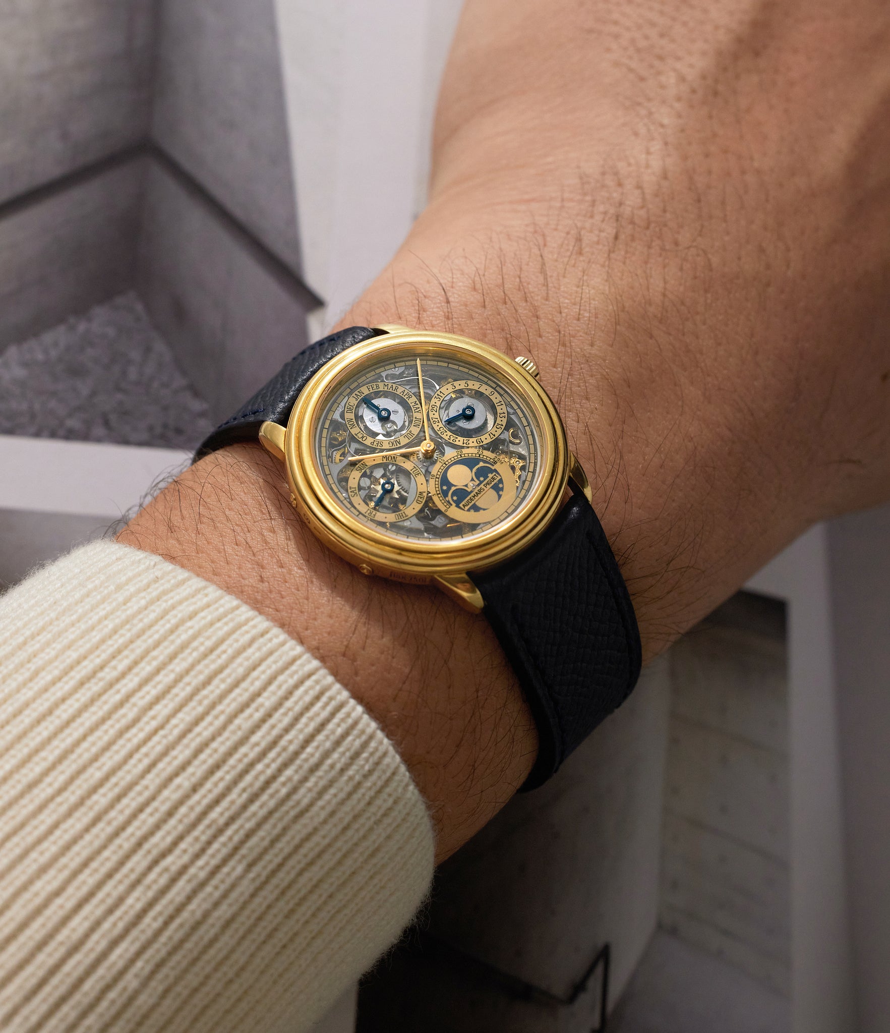 on the wrist Audemars Piguet Quantième Perpétuel Skeleton 25558/002BA Yellow Gold preowned watch at A Collected Man London