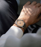 on the wrist Winnerl Tremblage  White Gold Exclusive partnership watch at A Collected Man London