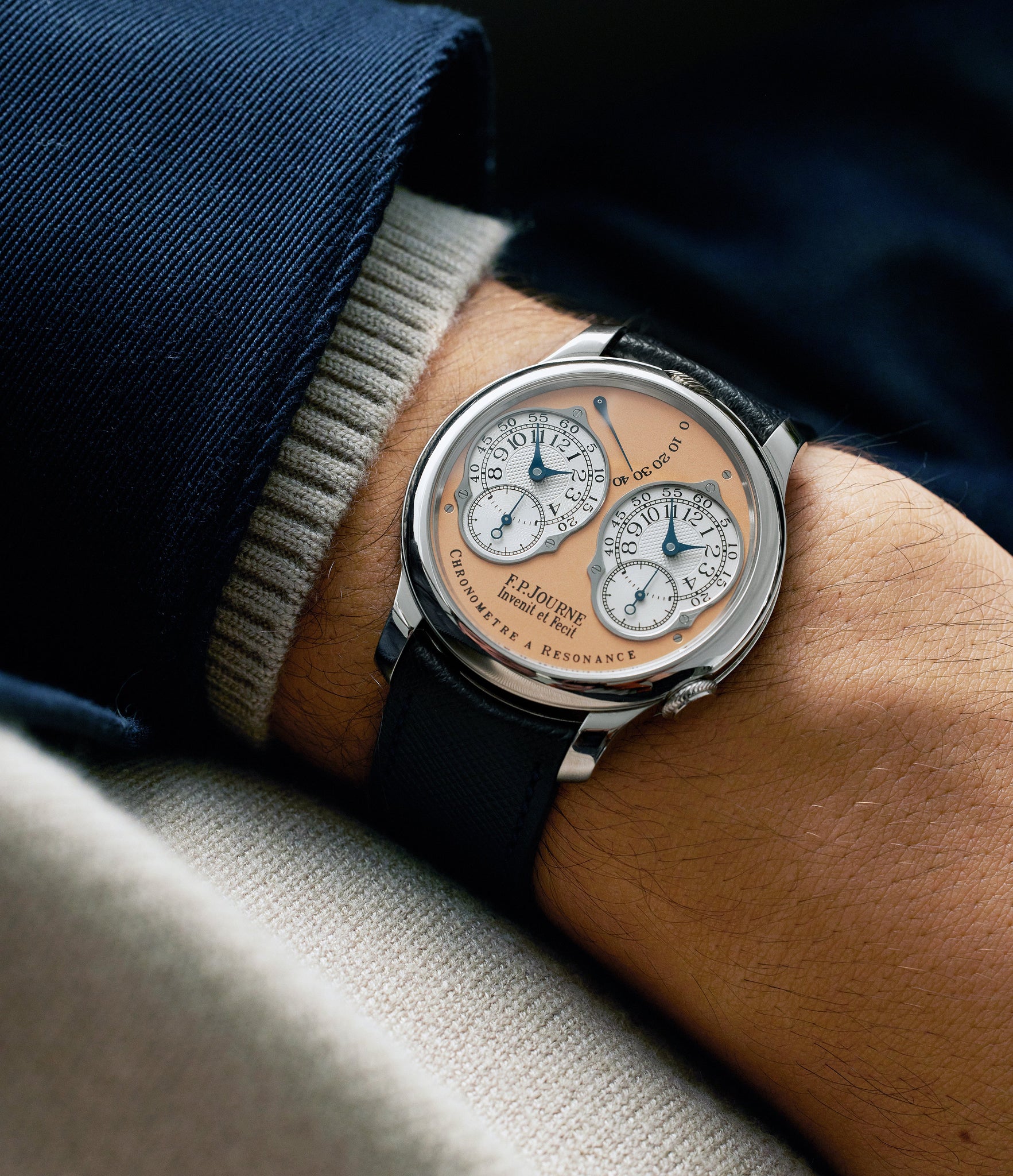 on the wrist F. P. Journe Chronomètre à Résonance  Platinum preowned watch at A Collected Man London