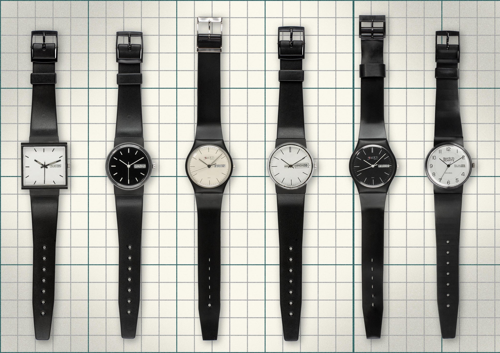 Six early Swatch prototypes with white and black dials