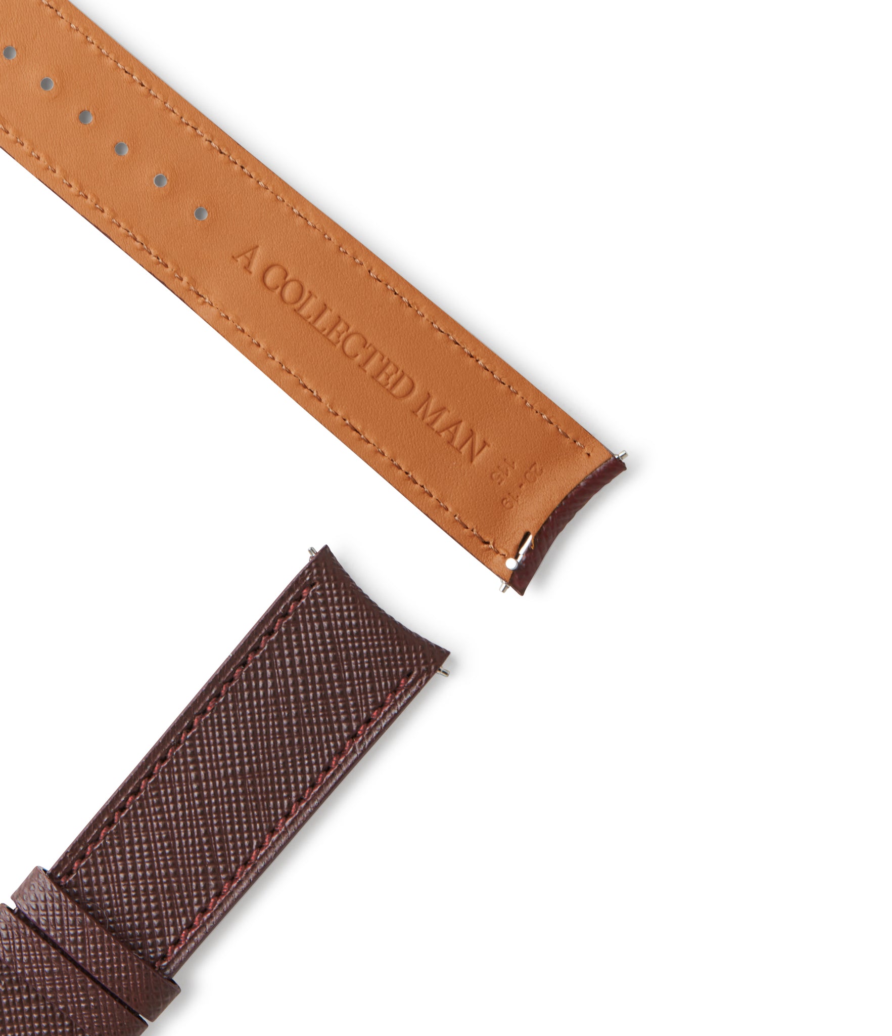Buy saffiano quality watch strap in dark maroon burgundy from A Collected Man London, in short or regular lengths. We are proud to offer these hand-crafted watch straps, thoughtfully made in Europe, to suit your watch. Available to order online for worldwide delivery.