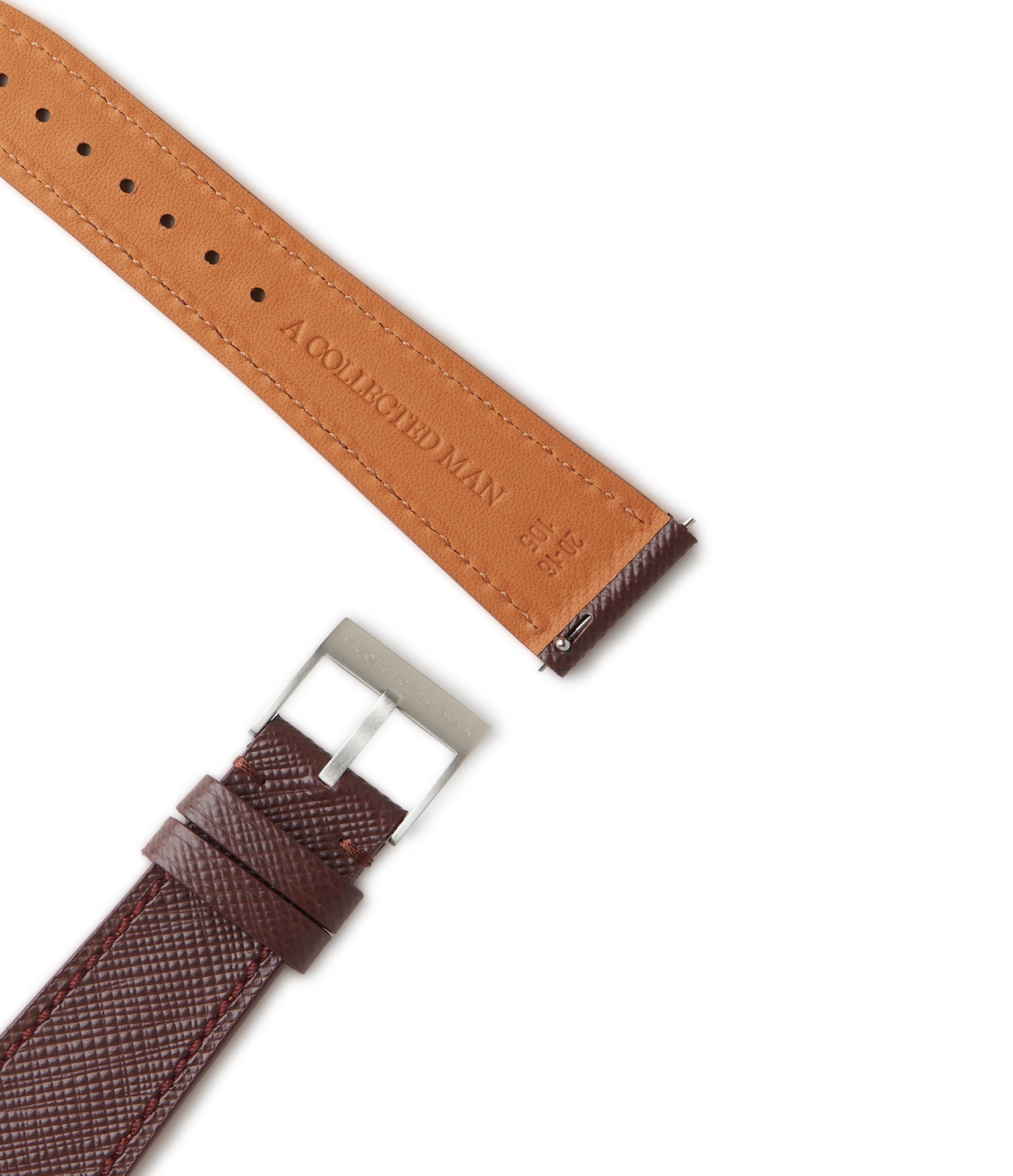 Buy saffiano quality watch strap in dark maroon burgundy from A Collected Man London, in short or regular lengths. We are proud to offer these hand-crafted watch straps, thoughtfully made in Europe, to suit your watch. Available to order online for worldwide delivery.
