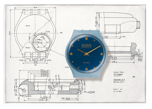 A diagram of a watch alongside a stainless steel Swatch design