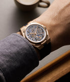 on the wrist Vacheron Constantin Overseas Perpetual Calendar Ultra-Thin Skeleton 4300V/120R-B547 Rose Gold preowned watch at A Collected Man London