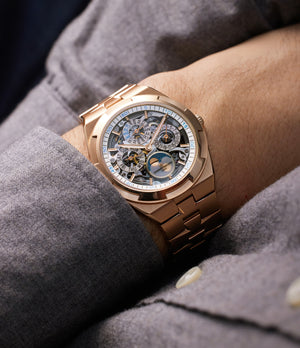 on the wrist Vacheron Constantin Overseas Perpetual Calendar Ultra-Thin Skeleton 4300V/120R-B547 Rose Gold preowned watch at A Collected Man London