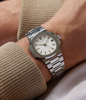 on the wrist Patek Philippe Nautilus 3800A Stainless Steel preowned watch at A Collected Man London