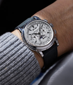 on the wrist Patek Philippe Perpetual Calendar Chronograph 5970G-001 White Gold preowned watch at A Collected Man London