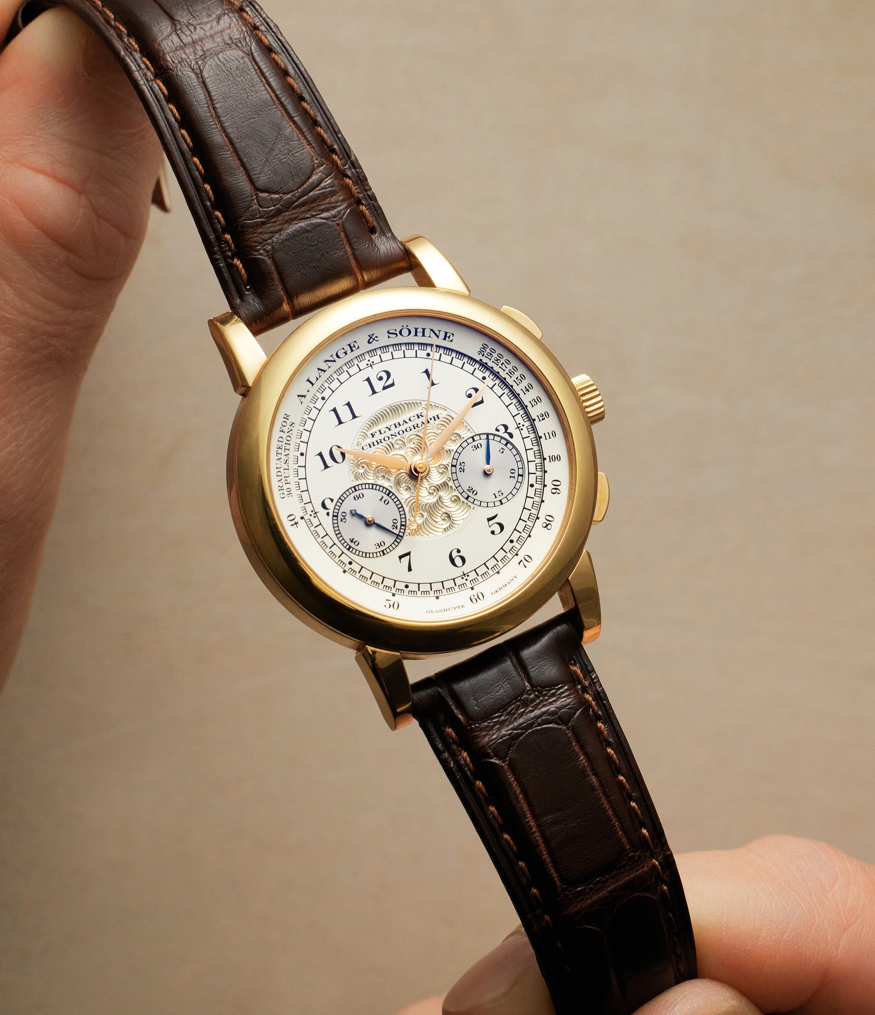 in hand A. Lange & Söhne 1815 Chronograph  Rose Gold preowned watch at A Collected Man London