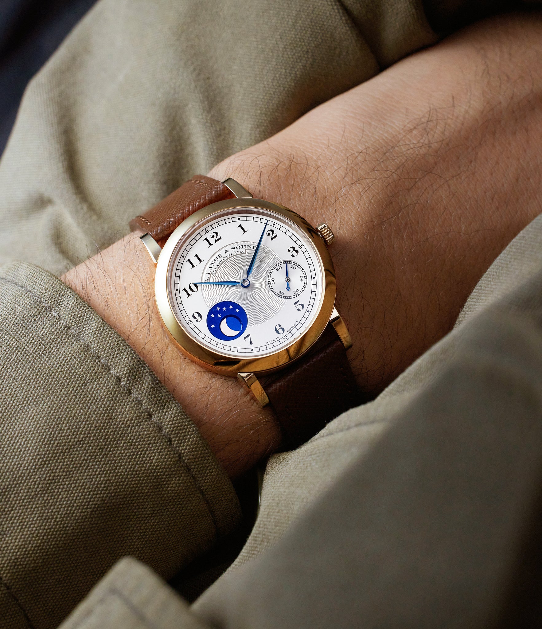 on the wrist A. Lange & Söhne 1815 Homage to F.A. Lange Moonphase in Honey Gold 212.050 212.050 Yellow Gold preowned watch at A Collected Man London