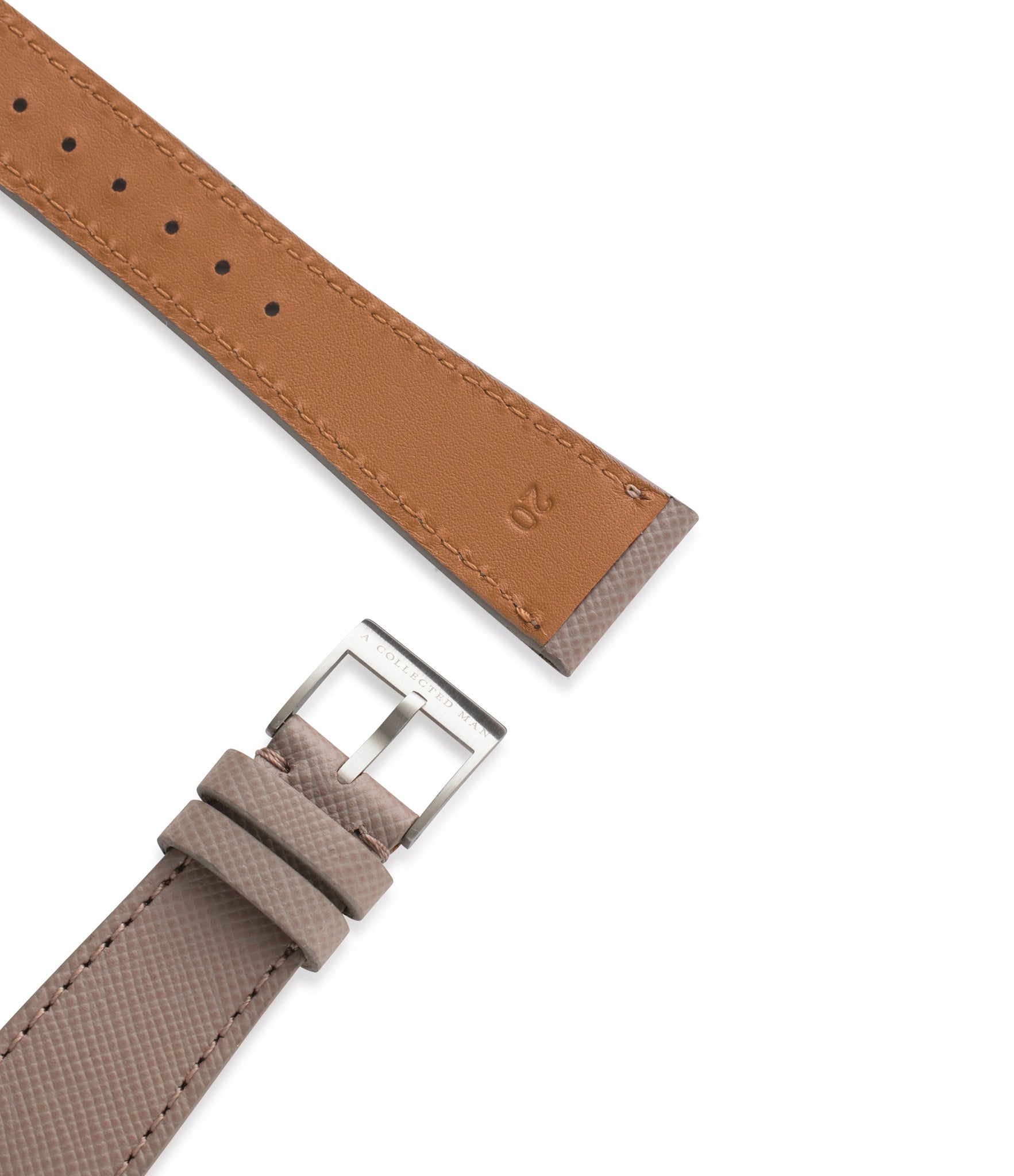 Buy saffiano quality watch strap in mauve beige taupe from A Collected Man London, in short or regular lengths. We are proud to offer these hand-crafted watch straps, thoughtfully made in Europe, to suit your watch. Available to order online for worldwide delivery.