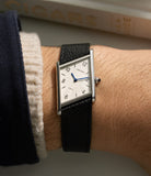 on the wrist Cartier Tank Asymétrique 2488 Platinum preowned watch at A Collected Man London