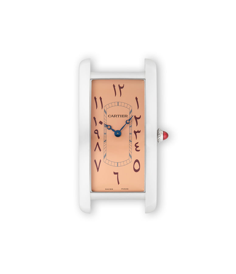 buy rare Cartier Tank Cintrée Special Order salmon dial Eastern Arabic numerals WGTA0161 Platinum preowned watch at A Collected Man London