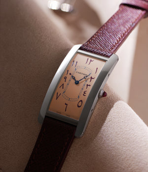 for sale rare Cartier Tank Cintrée Special Order salmon dial Eastern Arabic numerals WGTA0161 Platinum preowned watch at A Collected Man London