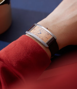 Unique Piece rare Cartier Tank Cintrée Special Order salmon dial Eastern Arabic numerals WGTA0161 Platinum preowned watch at A Collected Man London