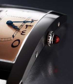red cabochon rare Cartier Tank Cintrée Special Order salmon dial Eastern Arabic numerals WGTA0161 Platinum preowned watch at A Collected Man London