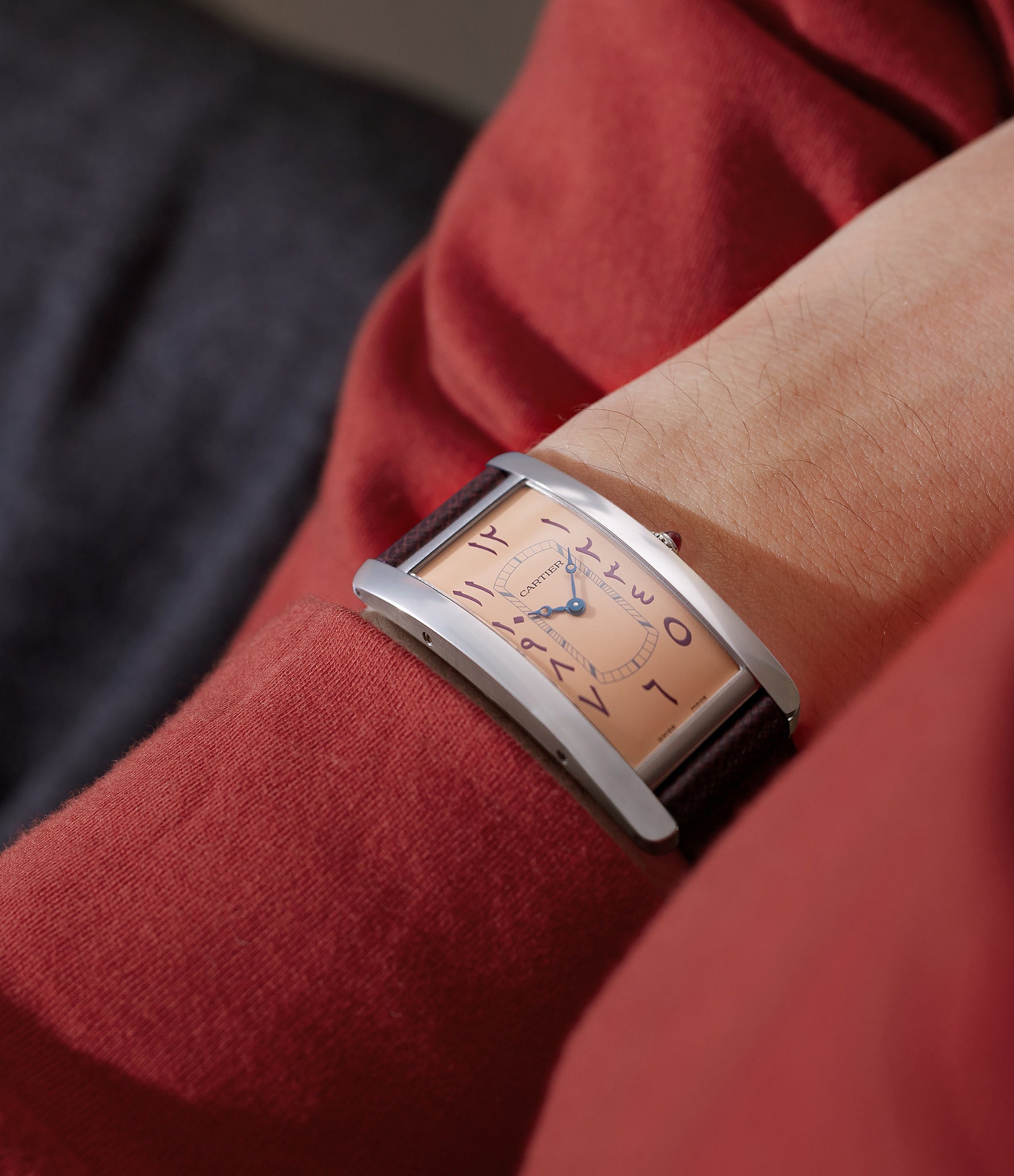 selling Cartier Tank Cintrée Special Order salmon dial Eastern Arabic numerals WGTA0161 Platinum preowned watch at A Collected Man London