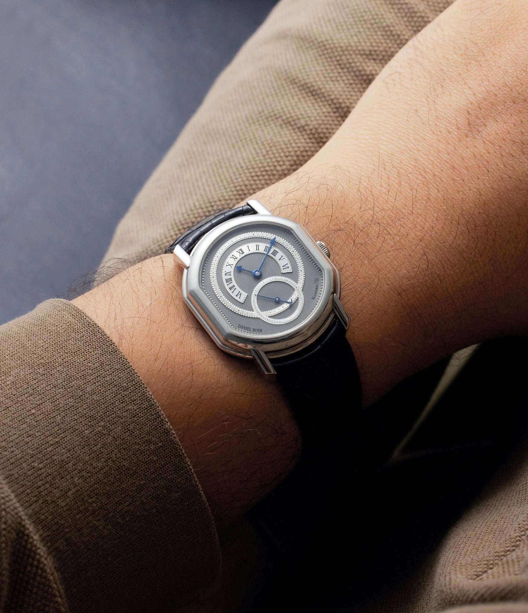 on wrist Platinum Daniel Roth Retrograde  ref. 2127  preowned watch at A Collected Man London