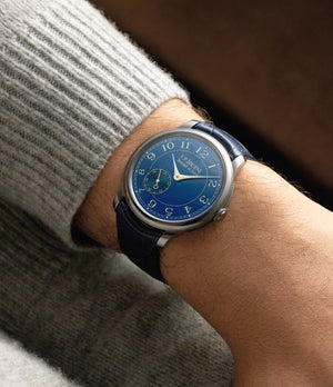 On wrist F. P. Journe Chronometre Bleu  Tantalum preowned watch at A Collected Man London
