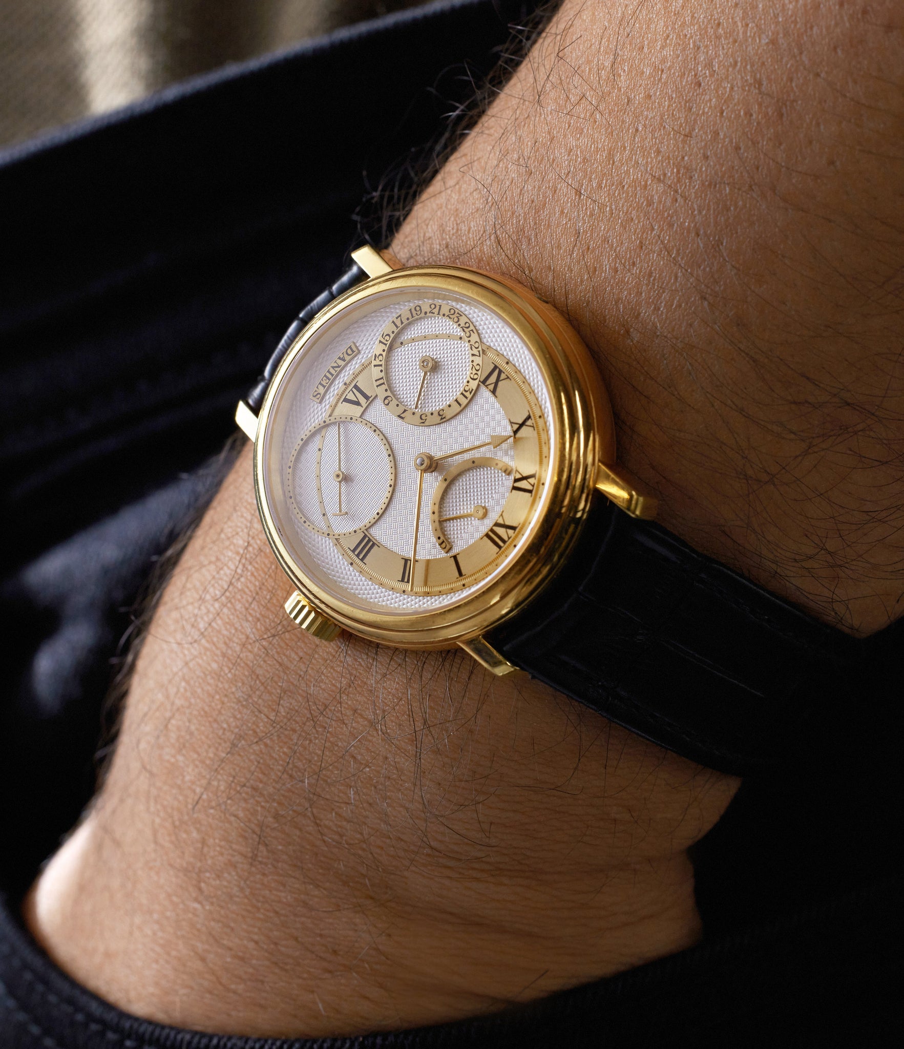 on the wrist George Daniels Anniversary  Yellow Gold preowned watch at A Collected Man London