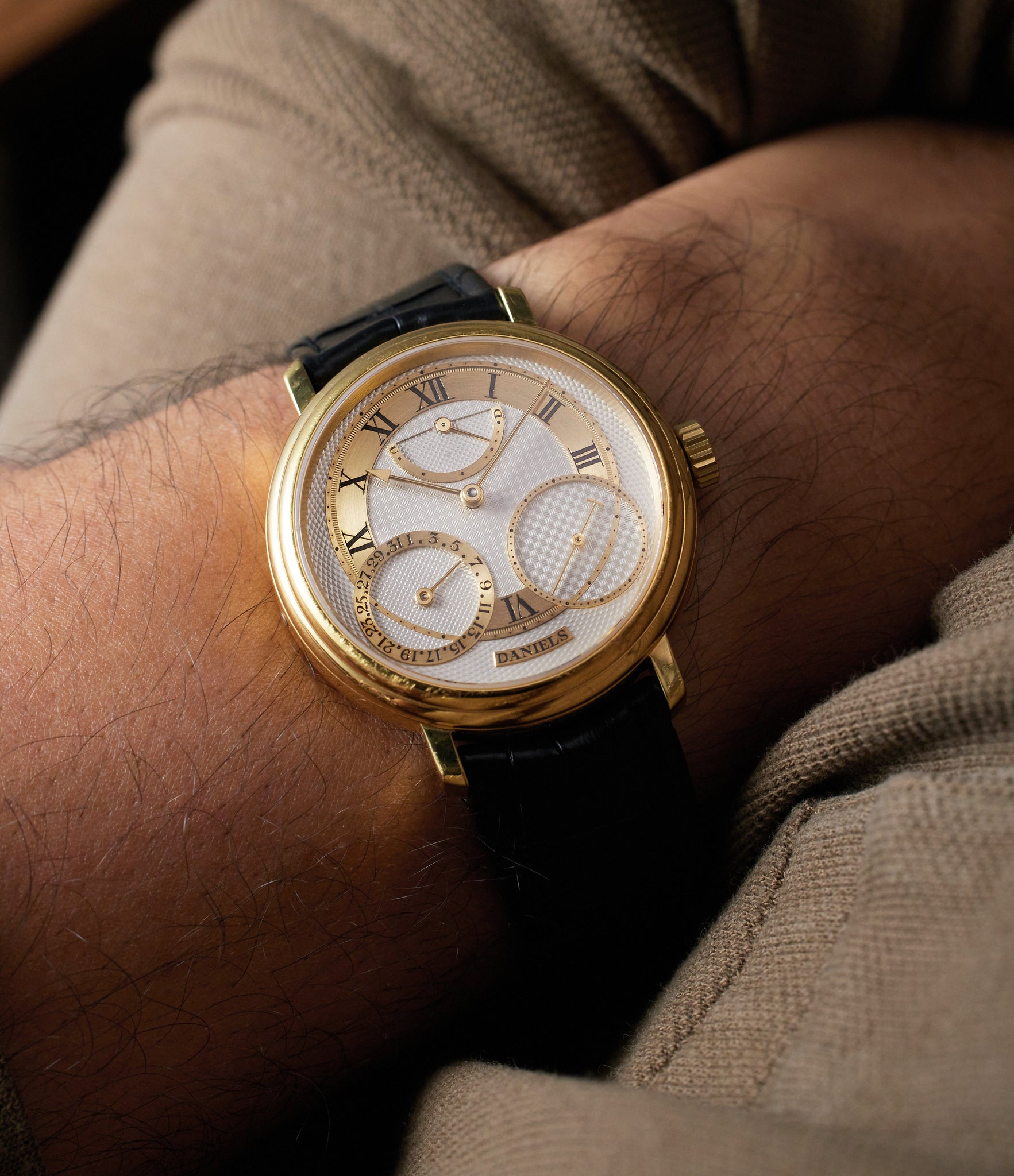 on the wrist George Daniels Anniversary  Yellow Gold preowned watch at A Collected Man London