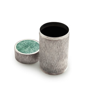 rare Gerald Benney silver bark-textured and green enamel cigar canister holder A Collected Man London