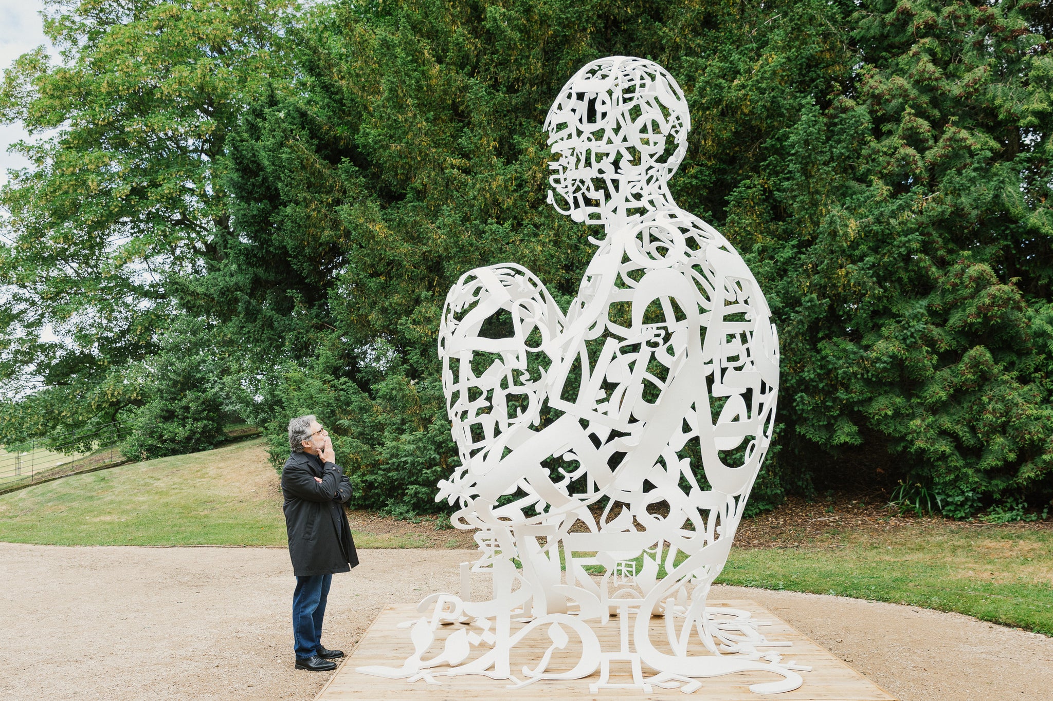 A large sculpture in Yorkshire Sculpture Park constructed out of a myriad of letters from different world languages.