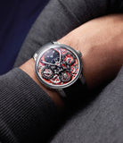 on the wrist MB&F Perpetual Evo Zirconium limited edition red dial  Zirconium preowned watch at A Collected Man London
