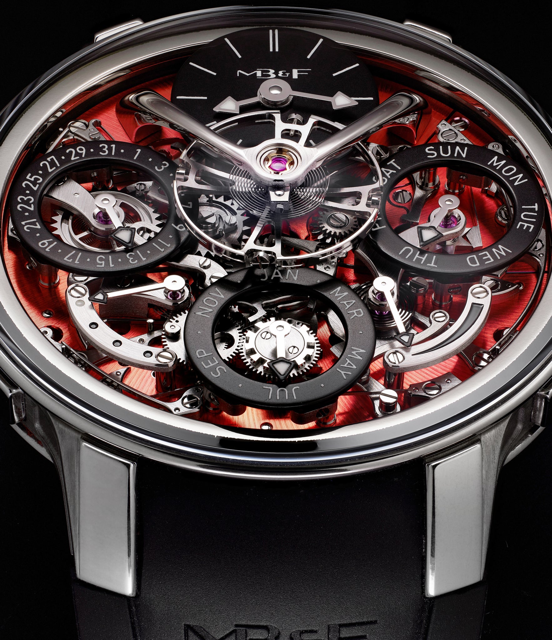 selling MB&F Perpetual Evo Zirconium limited edition red dial  Zirconium preowned watch at A Collected Man London
