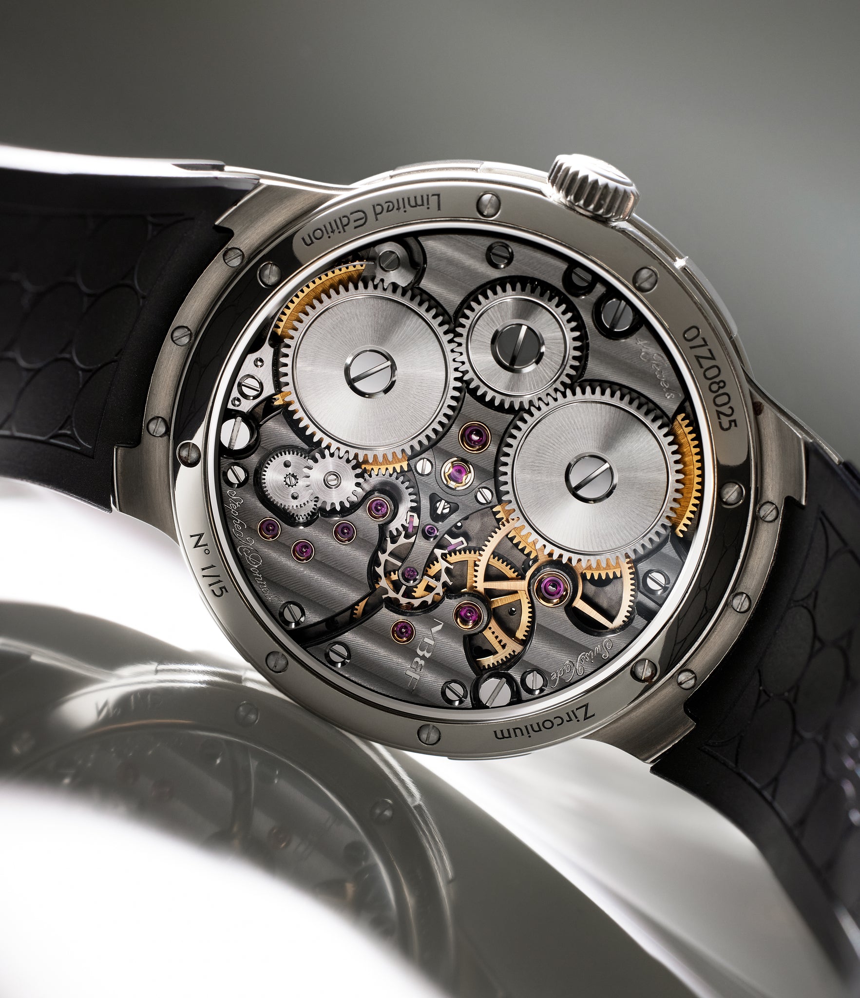caseback MB&F Perpetual Evo Zirconium limited edition red dial  Zirconium preowned watch at A Collected Man London

