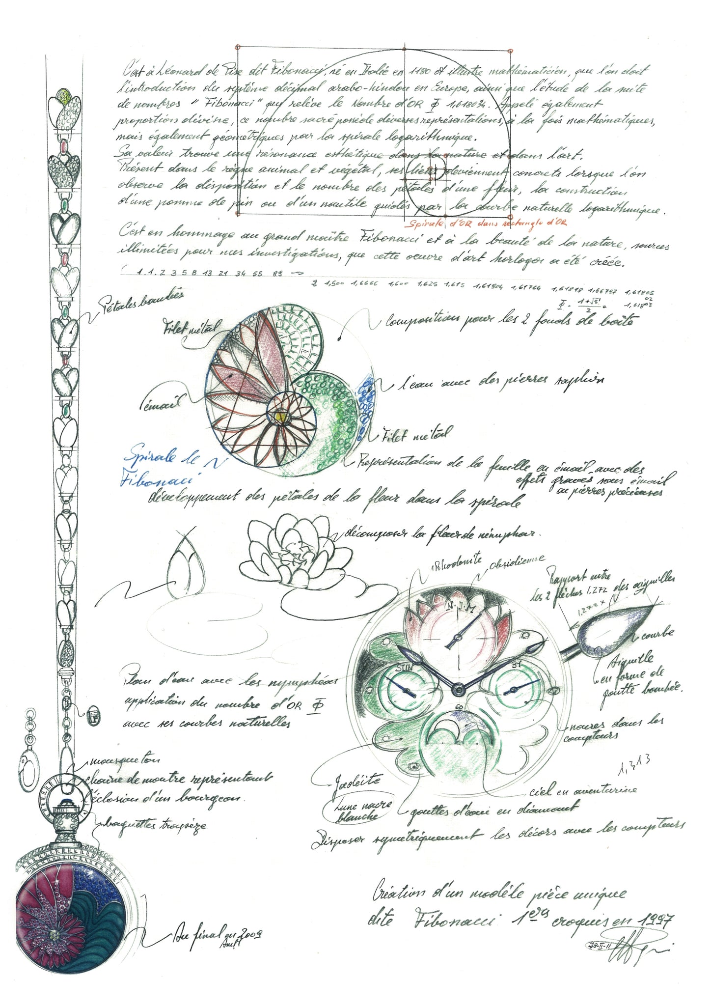 Sketches and notes for a pocketwatch that demonstrate the influence of the Fibonacci sequence on Parmigiani’s work, courtesy of Parmigiani Fleurier.