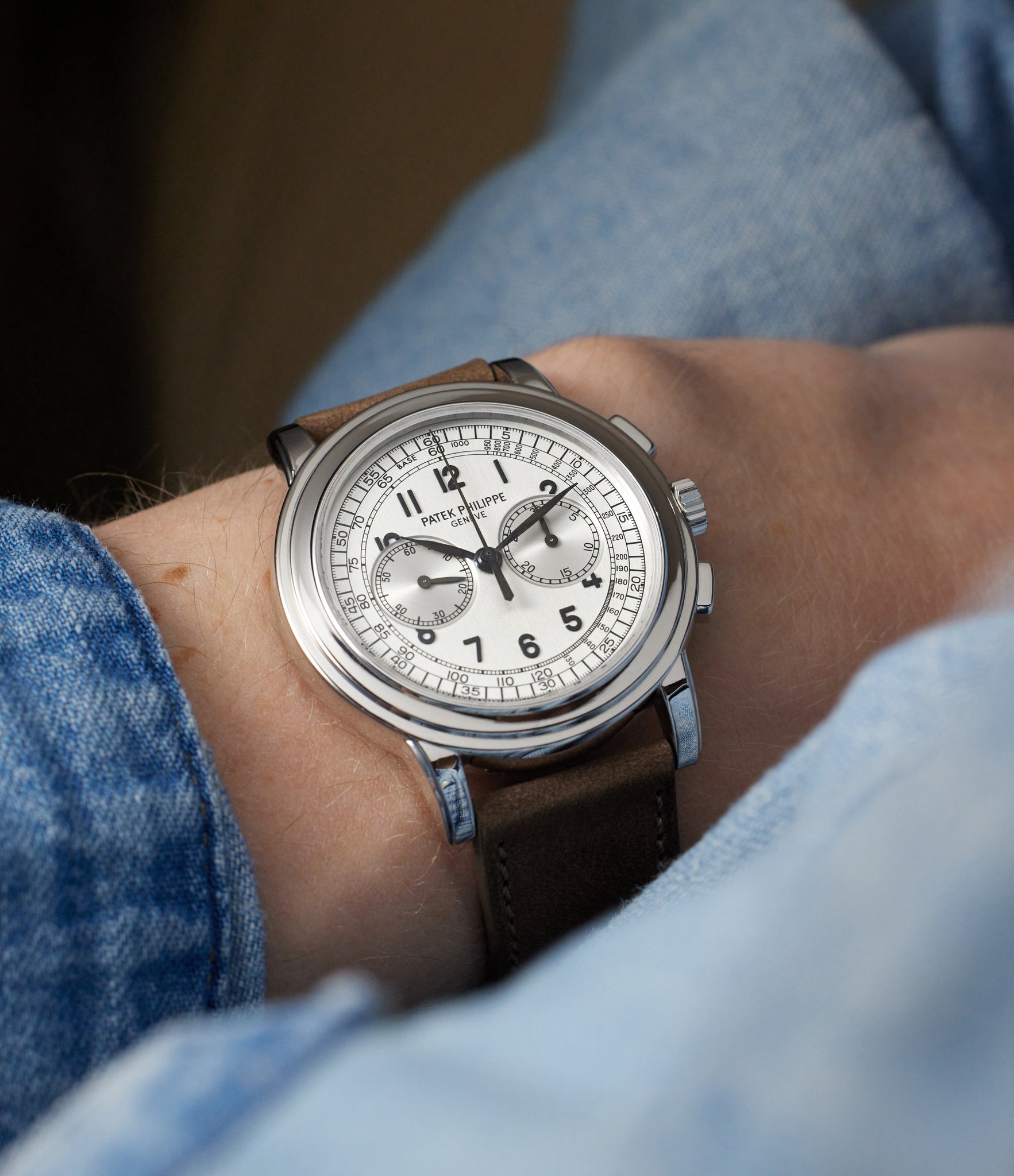 on the wrist Patek Philippe Chronograph 5070G-001 White Gold preowned watch at A Collected Man London