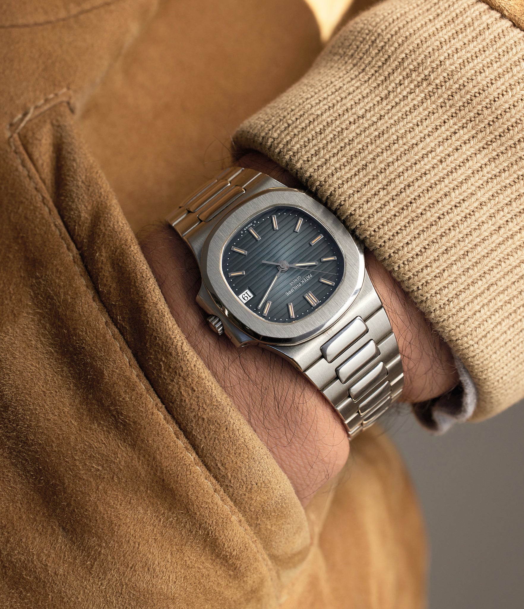 on the wrist Patek Philippe Nautilus 3800/1A Stainless Steel preowned watch at A Collected Man London