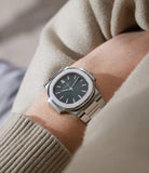 on the wrist Patek Philippe Nautilus 3800/1 Platinum preowned watch at A Collected Man London