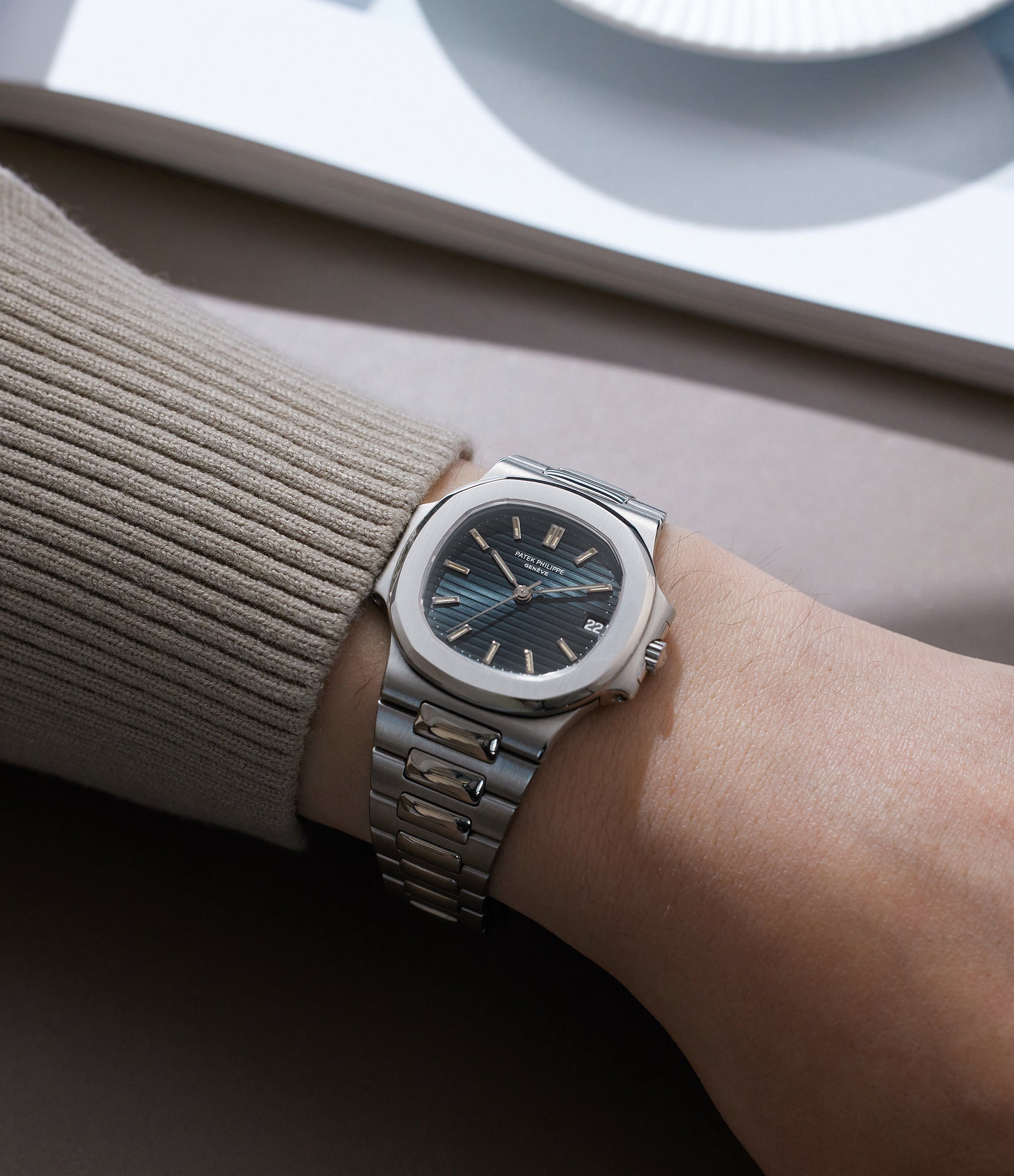 on the wrist Patek Philippe Nautilus 3800/1 Platinum preowned watch at A Collected Man London