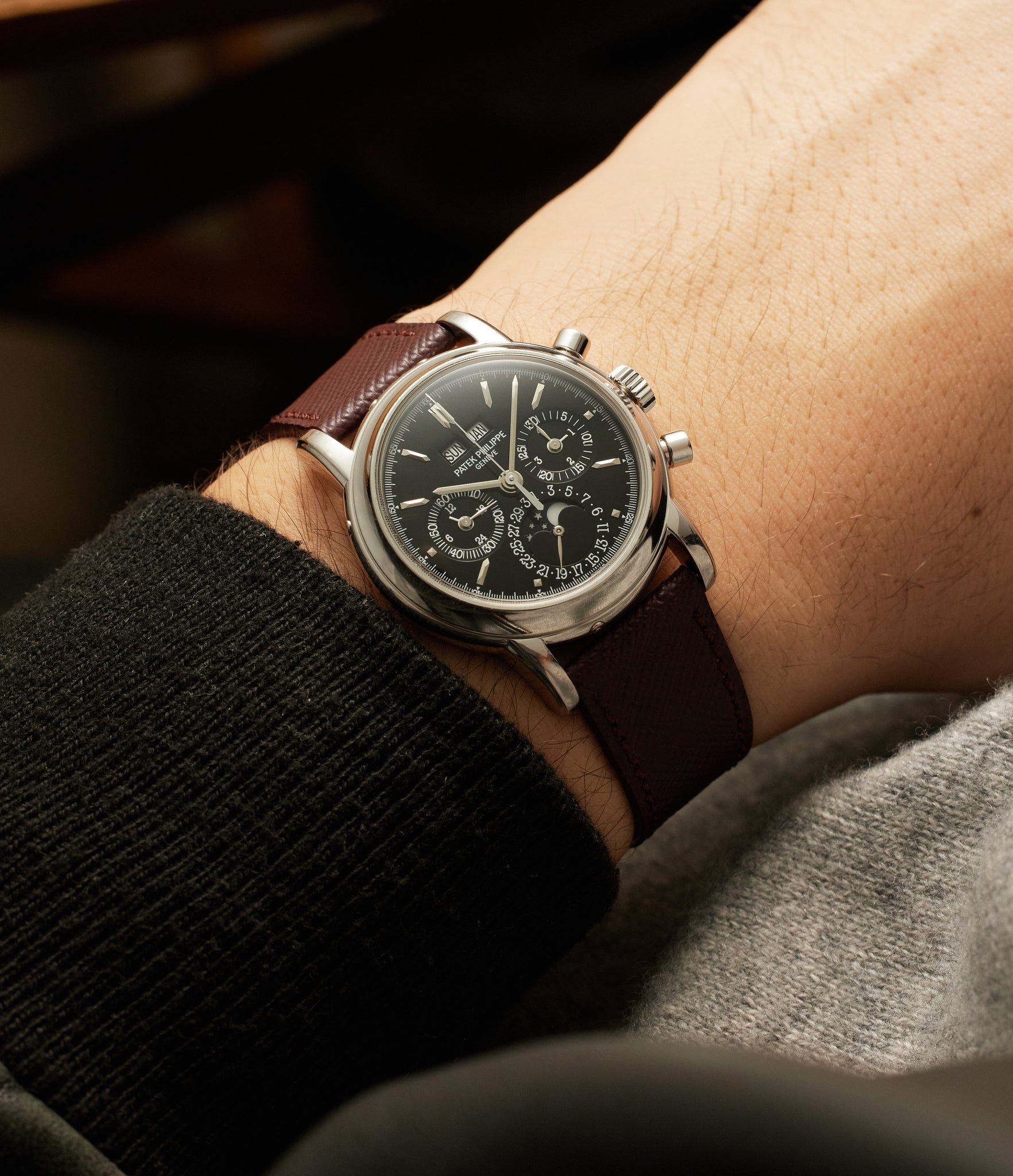 on the wrist Patek Philippe Perpetual Calendar Chronograph 3970EP-027 Platinum preowned watch at A Collected Man London