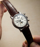 in hand Patek Philippe Perpetual Calendar Chronograph 3970E Platinum preowned watch at A Collected Man London