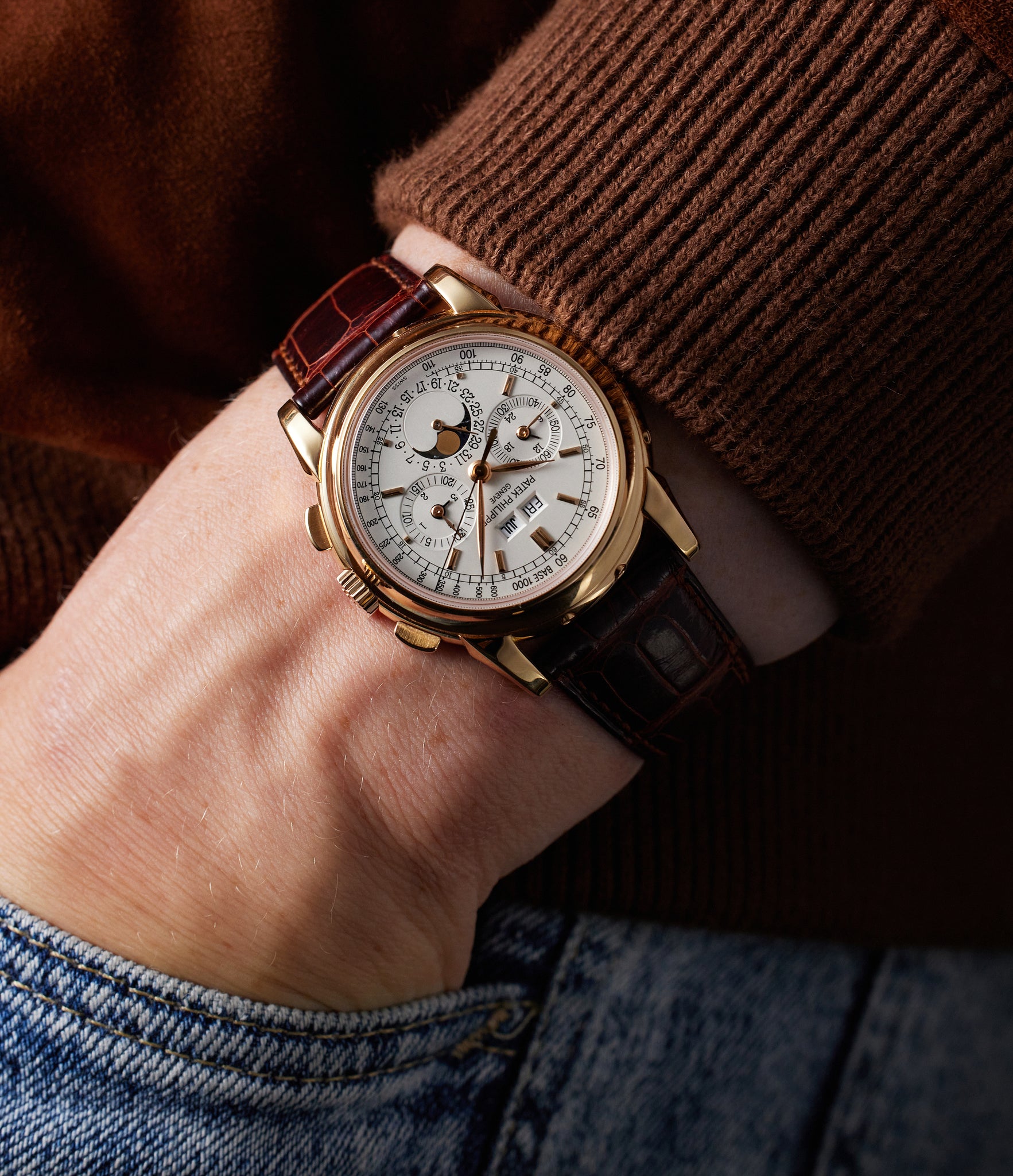 on the wrist Patek Philippe Perpetual Calendar Chronograph 5970R Rose Gold preowned watch at A Collected Man London