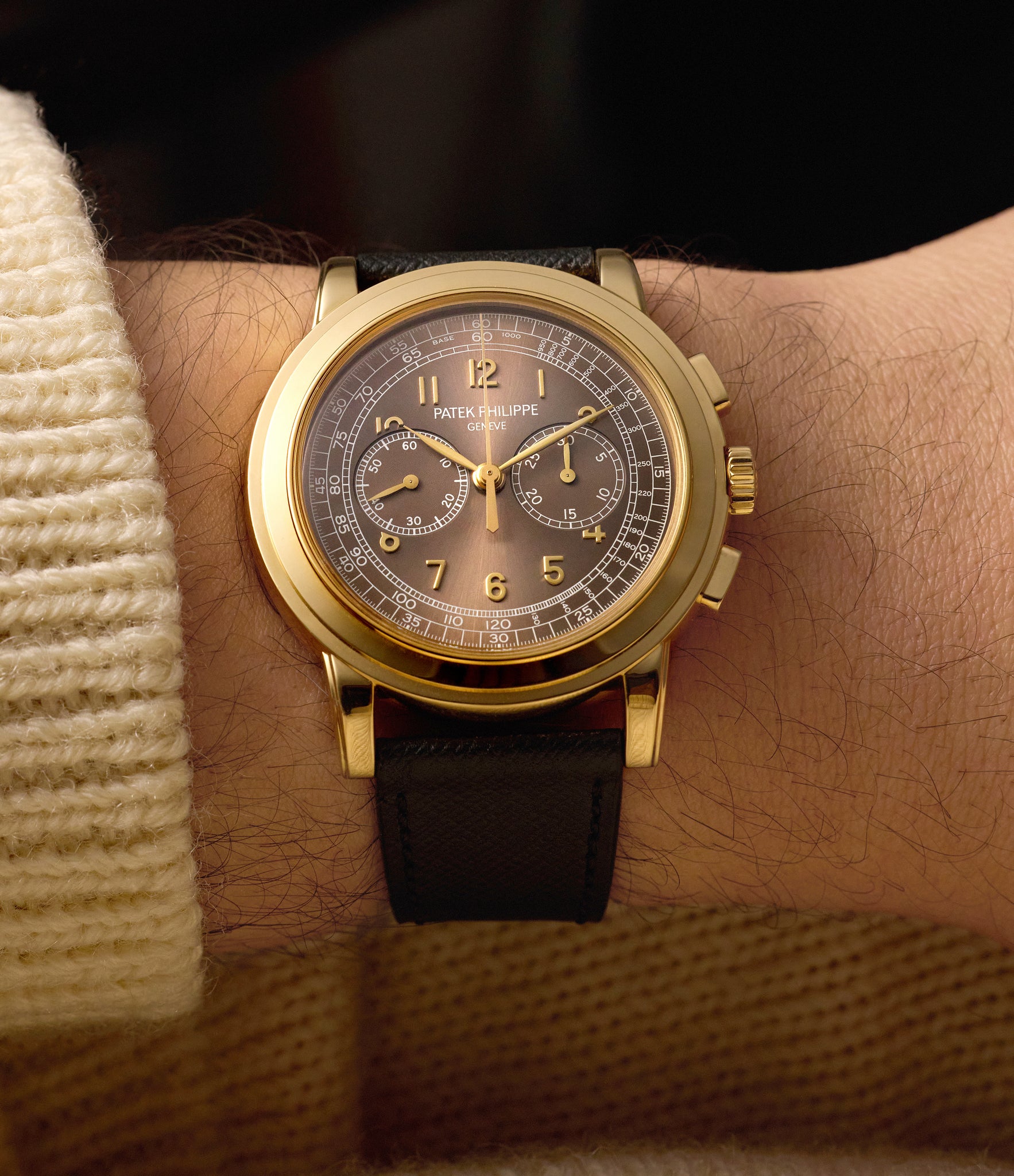 on the wrist Patek Philippe Saatchi Edition Chronograph 5070J-012 Yellow Gold preowned watch at A Collected Man London
