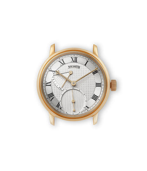 Buy Roger W. Smith's first Series 2 watch online in yellow gold with hand-made manual-winding movement from independent watchmaker at A Collected Man London guilloche dial