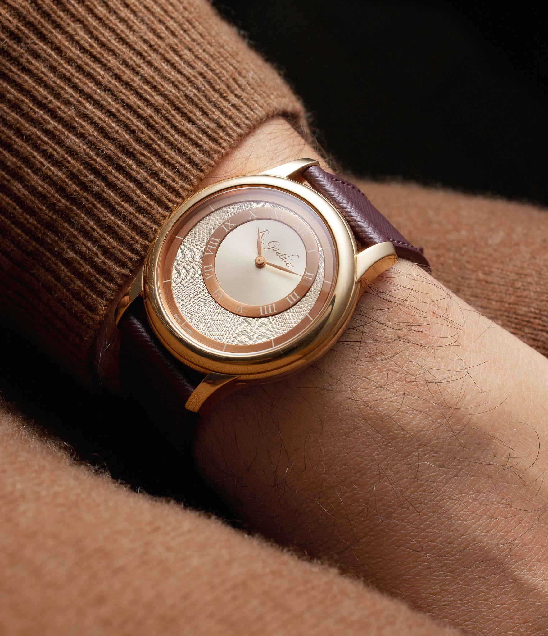 on wrist Romain Gauthier Prestige HM  Rose Gold preowned watch at A Collected Man London
