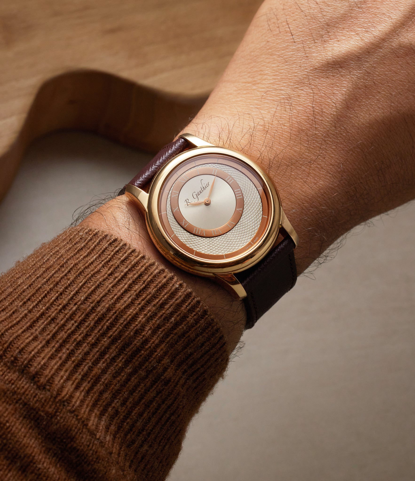 on wrist Romain Gauthier Prestige HM  Rose Gold preowned watch at A Collected Man London