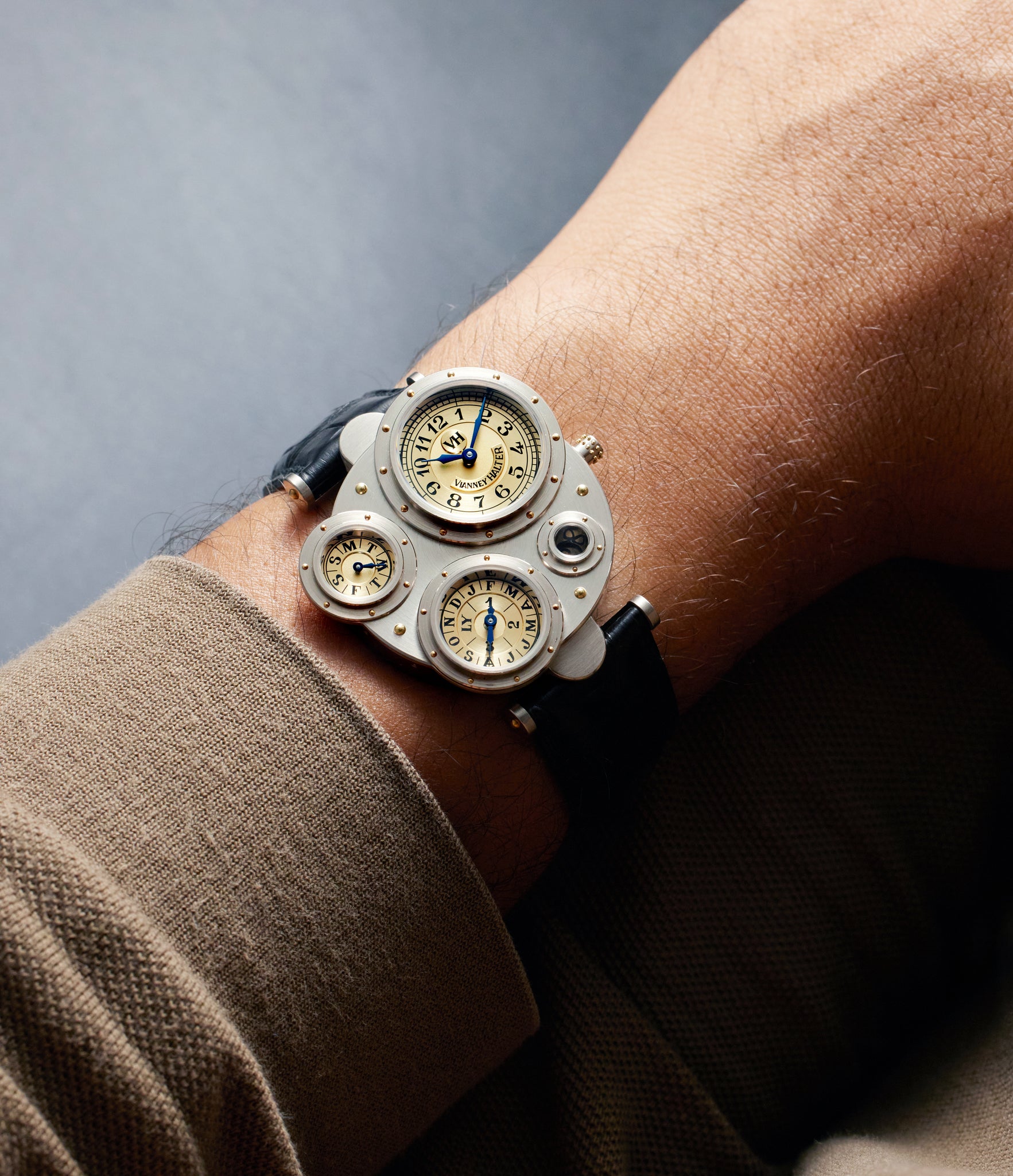 on the wrist Vianney Halter Antiqua Perpetual Calendar  White Gold preowned watch at A Collected Man London