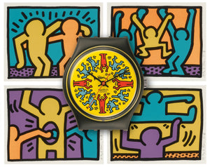 A colourful Swatch watch set against a background of colourful people in four panels