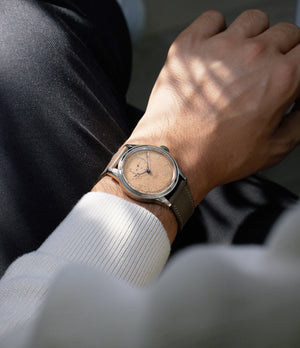 on the wrist Winnerl Tremblage  White Gold Exclusive partnership watch at A Collected Man London