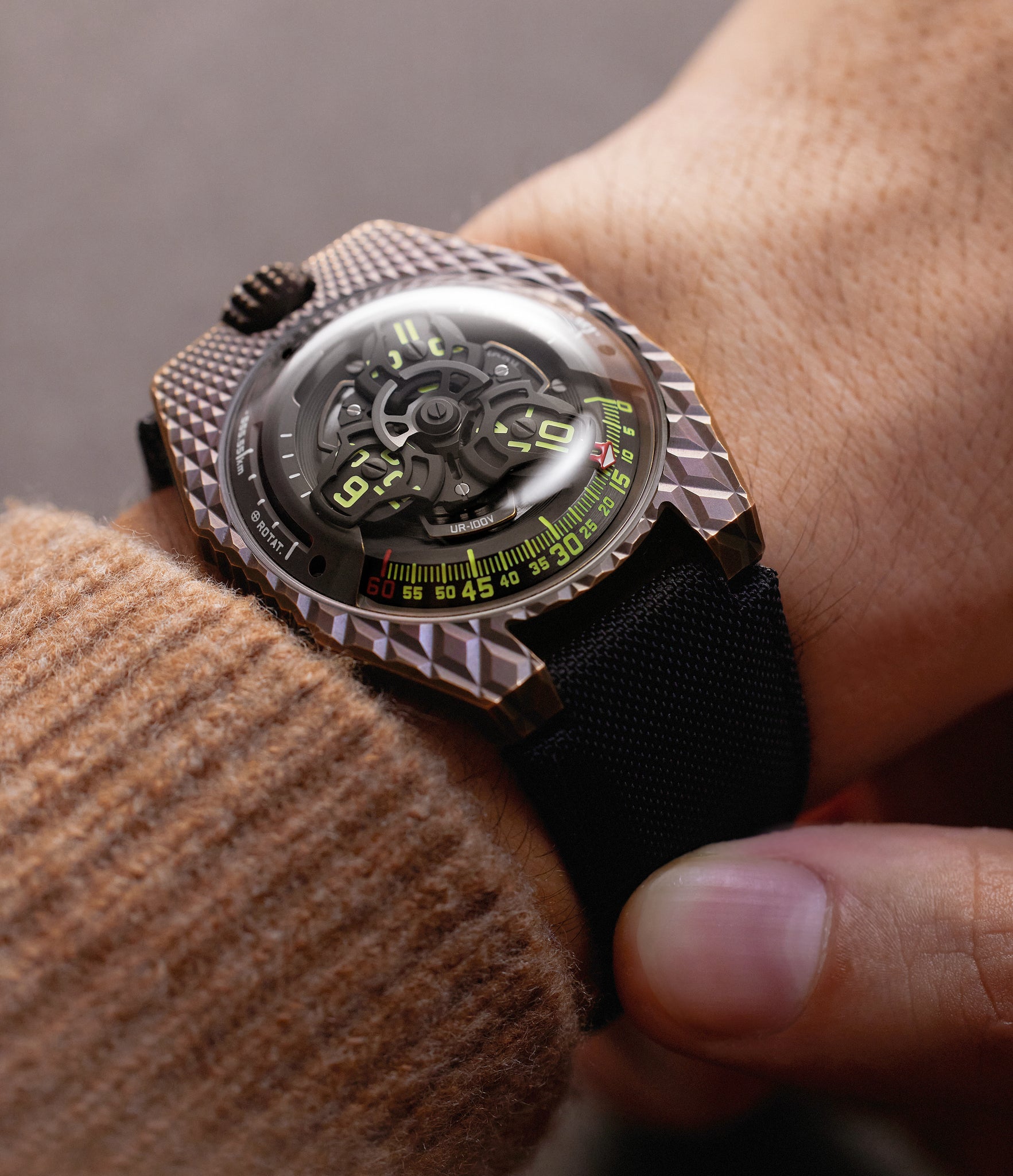 on the wrist Urwerk T-Rex UR-100V Bronze preowned watch at A Collected Man London