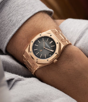 on the wrist Audemars Piguet Royal Oak Jumbo 16202OR Rose Gold preowned watch at A Collected Man London