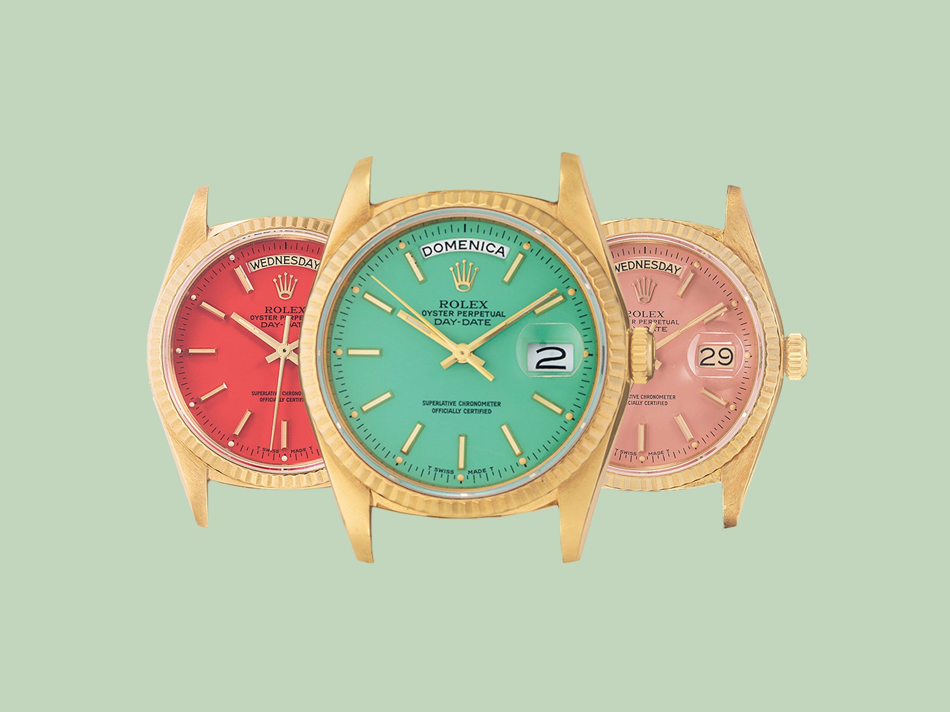 A row of Rolex Stella dials in red, green, and light pink
