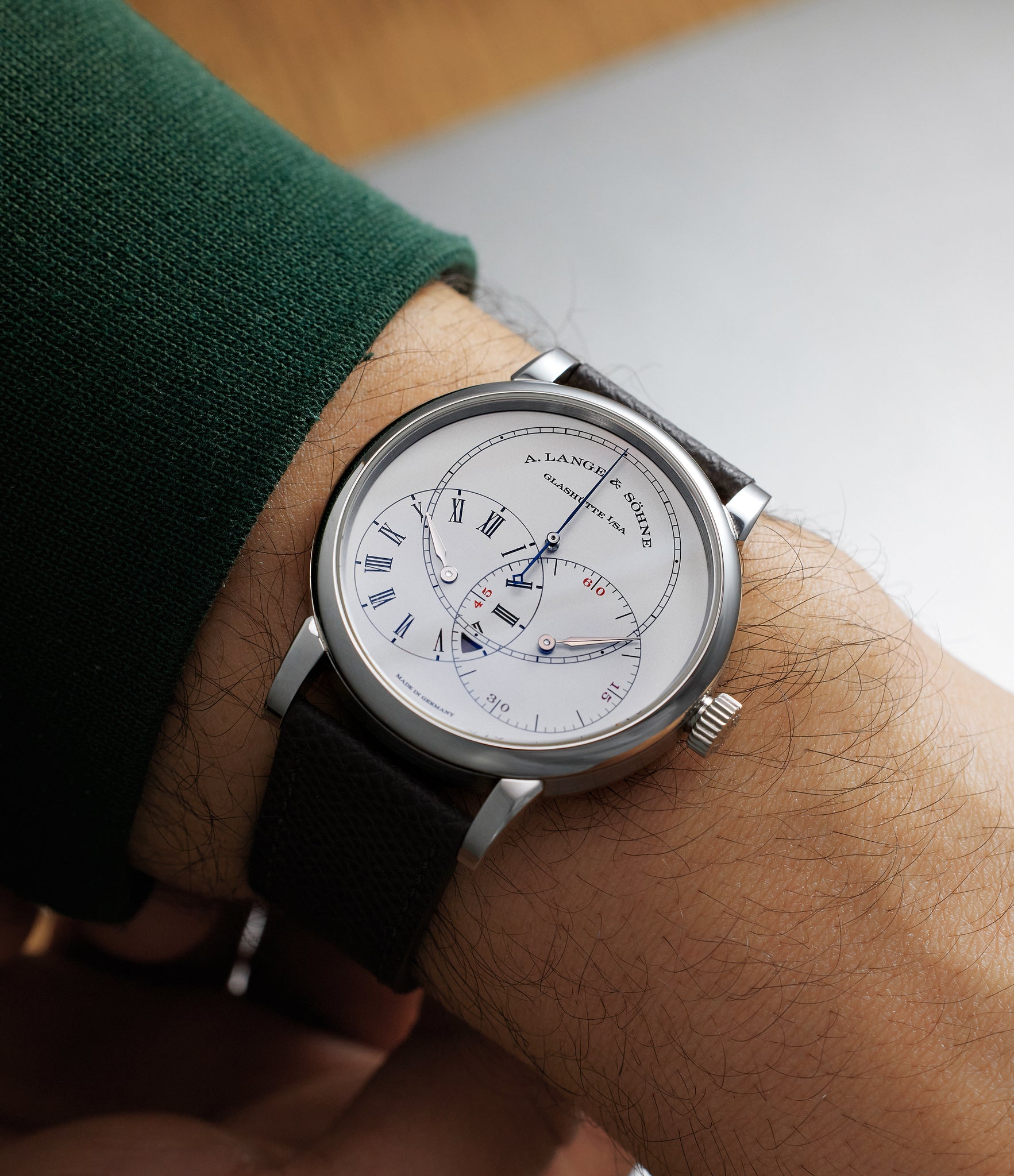 on the wrist A. Lange & Söhne Richard Lange Jumping Seconds  Platinum preowned watch at A Collected Man London