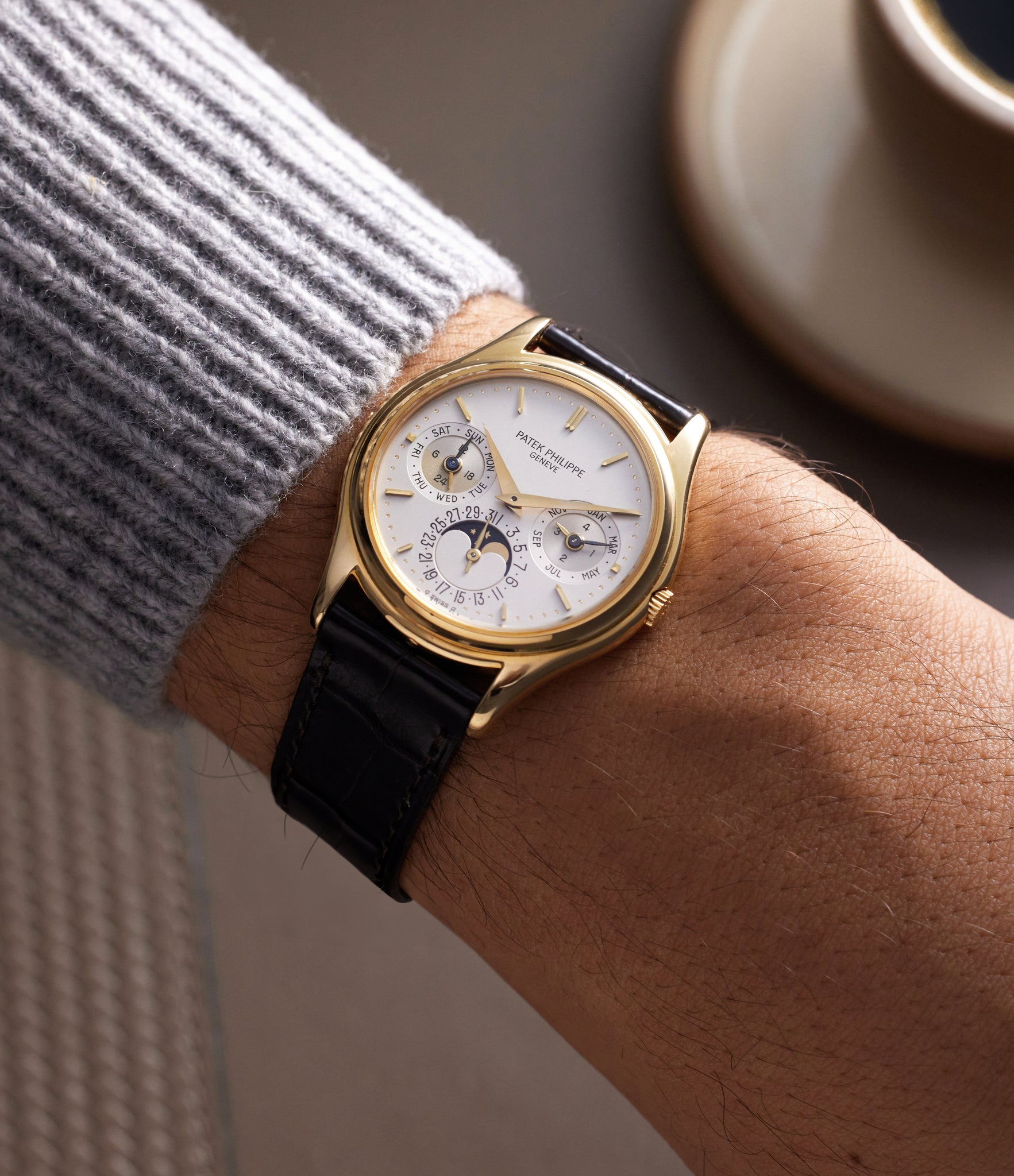 on the wrist Patek Philippe Perpetual Calendar 3940 Yellow Gold preowned watch at A Collected Man London